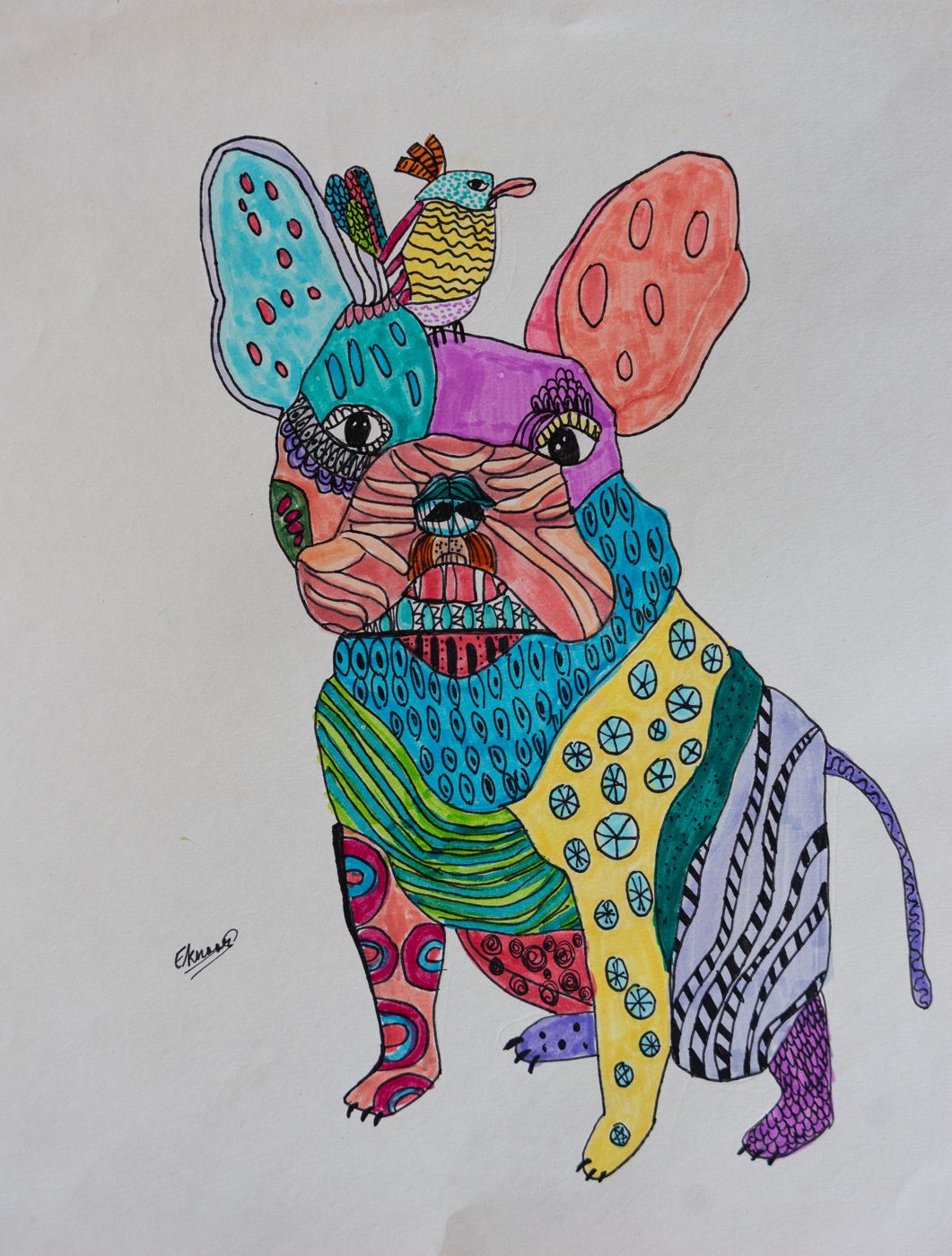 Patterned French bulldog with a small bird on its head