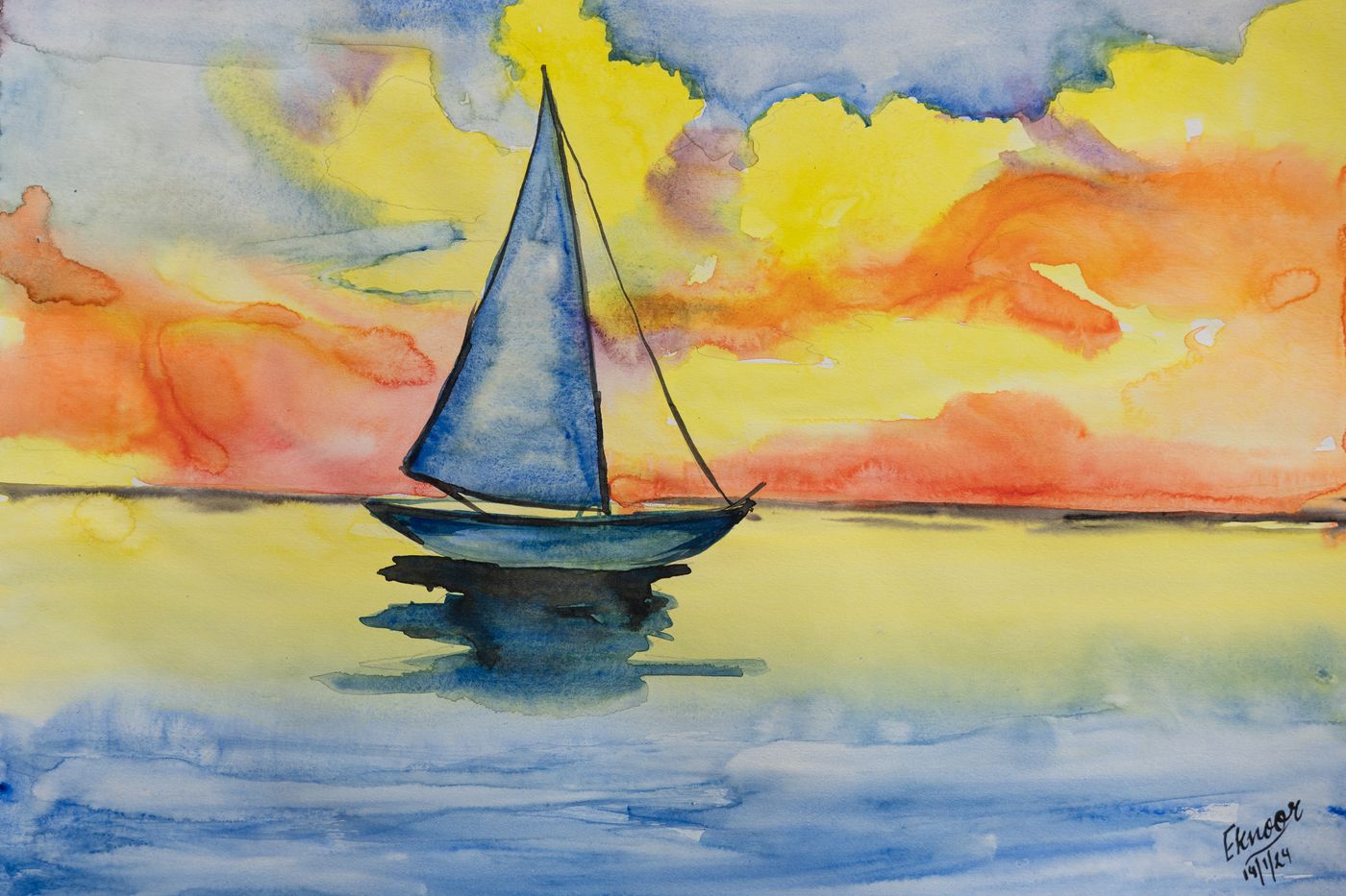 Watercolour of a sailboat under an orange and yellow sky