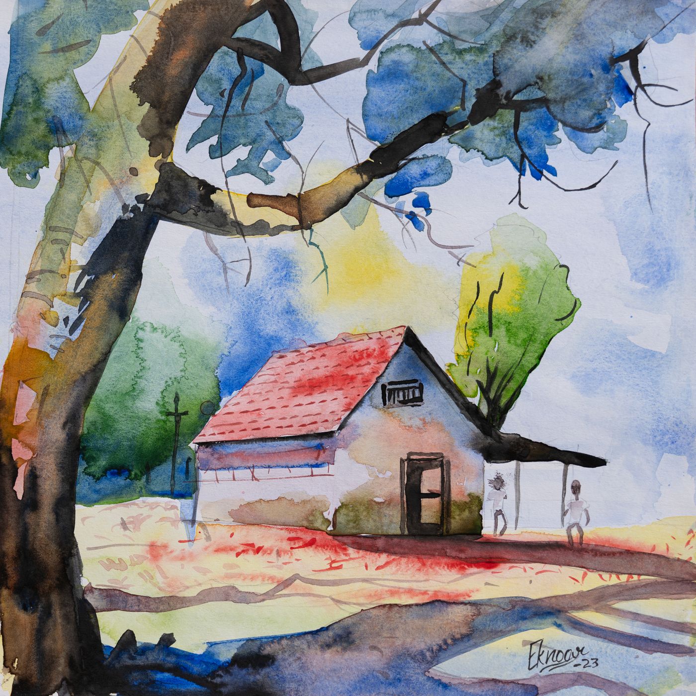 Watercolour of a red-roofed cottage under a large tree