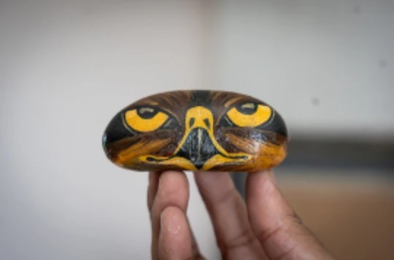 Bird-of-prey face painted on a flat stone